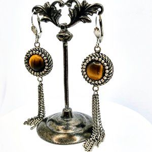 Silver Long Tassel Earrings Tiger Eye Gemstone Day to Evening